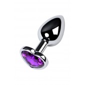 Серебристая коническая анальная пробка с фиолетовым кристаллом-сердечком - 7 см. - ToyFa - купить с доставкой в Абакане