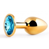 Золотистая анальная пробка с голубым стразом - 7,2 см. - Anal Jewelry Plug - купить с доставкой в Абакане