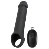 Черная вибронасадка для пениса с хомутом для мошонки и пультом ДУ Remote Controlled Penis Extension - Orion - в Абакане купить с доставкой