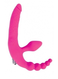Розовый безремневой страпон с анальным отростком и вибрацией - 15 см. - Bior toys - купить с доставкой в Абакане