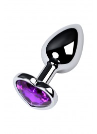 Серебристая коническая анальная пробка с фиолетовым кристаллом-сердечком - 7 см. - ToyFa - купить с доставкой в Абакане