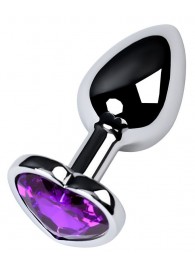 Серебристая коническая анальная пробка с фиолетовым кристаллом-сердечком - 7 см. - ToyFa - купить с доставкой в Абакане