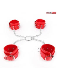 Комплект красных наручников и оков на металлических креплениях с кольцом - Notabu - купить с доставкой в Абакане