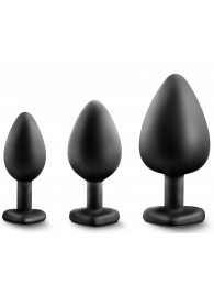 Набор из 3 черных пробок с прозрачным кристаллом-сердечком Bling Plugs Training Kit - Blush Novelties - купить с доставкой в Абакане