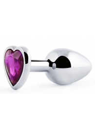 Серебристая анальная пробка с фиолетовым кристаллом-сердечком - 8 см. - Anal Jewelry Plug - купить с доставкой в Абакане