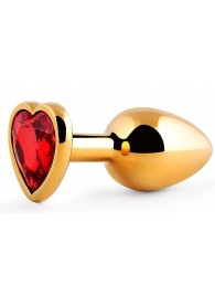Золотистая анальная пробка с красным стразом-сердечком - 8 см. - Anal Jewelry Plug - купить с доставкой в Абакане
