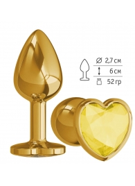 Золотистая анальная втулка с желтым кристаллом-сердечком - 7 см. - Джага-Джага - купить с доставкой в Абакане