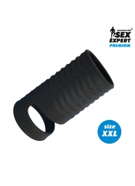 Черная открытая насадка на пенис с кольцом для мошонки XXL-size - 9,4 см. - Sex Expert - в Абакане купить с доставкой