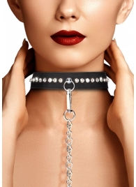 Черный ошейник с поводком Diamond Studded Collar With Leash - Shots Media BV - купить с доставкой в Абакане