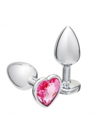 Серебристая анальная пробка с розовым кристаллом в форме сердца - 7 см. - Сима-Ленд