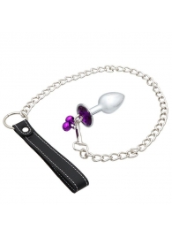 Серебристая анальная пробка с фиолетовым кристаллом, колокольчиками и поводком - Сима-Ленд