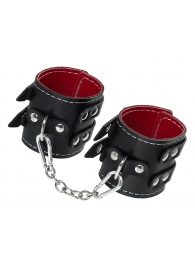 Черные кожаные наручники с двумя ремнями и красной подкладкой - Pecado - купить с доставкой в Абакане