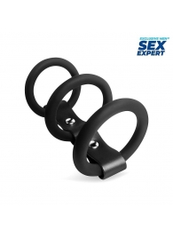 Черное тройное эрекционное кольцо с ремешком - Sex Expert - в Абакане купить с доставкой