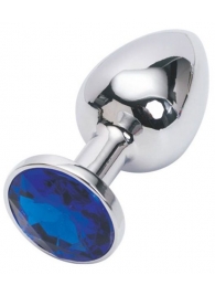 Серебряная металлическая анальная пробка с синим стразиком - 7,6 см. - 4sexdreaM - купить с доставкой в Абакане