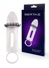 Закрытая насадка на пенис с подхватом мошонки и стимулирующими «ресничками» - Sextaz - в Абакане купить с доставкой