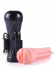 Телесный мастурбатор-вагина в черной колбе с вибрацией - Boys of Toys - в Абакане купить с доставкой