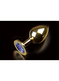 Большая золотая анальная пробка с закругленным кончиком и синим кристаллом - 9 см. - Пикантные штучки - купить с доставкой в Абакане