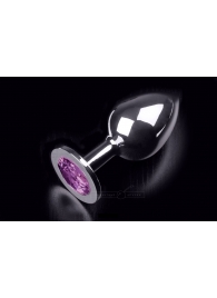 Большая серебристая анальная пробка с круглым кончиком и ярким фиолетовым кристаллом - 9 см. - Пикантные штучки - купить с доставкой в Абакане