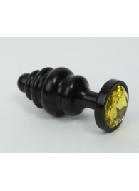 Чёрная ребристая анальная пробка с жёлтым кристаллом - 7,3 см. - 4sexdreaM - купить с доставкой в Абакане