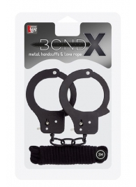 Чёрные наручники из листового металла в комплекте с веревкой BONDX METAL CUFFS LOVE ROPE SET - Dream Toys - купить с доставкой в Абакане