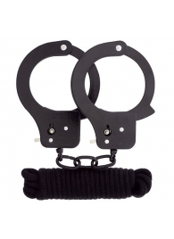 Чёрные наручники из листового металла в комплекте с веревкой BONDX METAL CUFFS LOVE ROPE SET - Dream Toys - купить с доставкой в Абакане