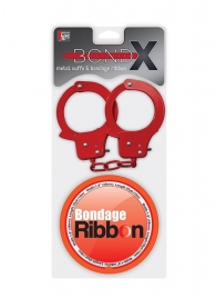 Набор для фиксации BONDX METAL CUFFS AND RIBBON: красные наручники из листового материала и липкая лента - Dream Toys - купить с доставкой в Абакане