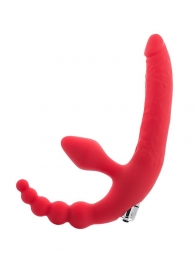 Красный безремневой страпон с вибрацией и анальным отростком - ToyFa - купить с доставкой в Абакане
