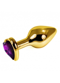 Золотистая анальная втулка с фиолетовым кристаллом-сердцем - 7 см. - Джага-Джага - купить с доставкой в Абакане