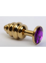 Золотистая рифлёная пробка с фиолетовым стразом - 8,2 см. - 4sexdreaM - купить с доставкой в Абакане