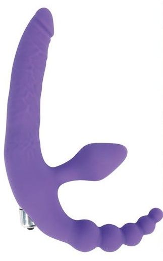 Фиолетовый безремневой страпон с анальным отростком и вибрацией - 15 см. - Bior toys - купить с доставкой в Абакане