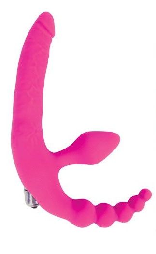 Розовый безремневой страпон с анальным отростком и вибрацией - 15 см. - Bior toys - купить с доставкой в Абакане