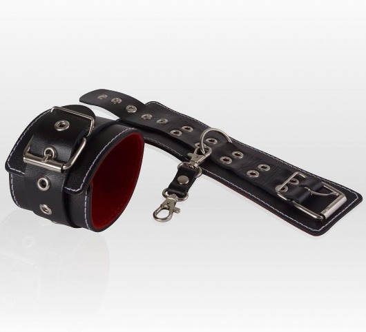 Чёрные кожаные наручники с контрастной строчкой и красной изнанкой - Sitabella - купить с доставкой в Абакане