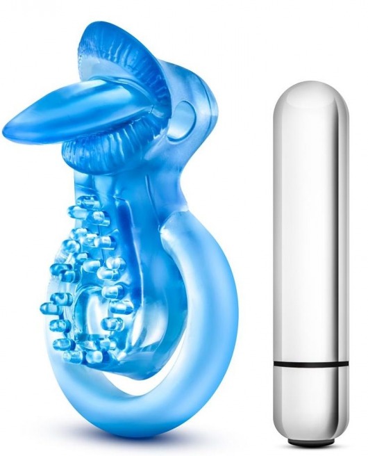 Голубое эрекционное виброкольцо 10 Function Vibrating Tongue Ring - Blush Novelties - в Абакане купить с доставкой