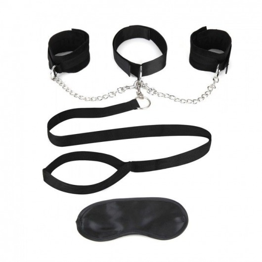 Чёрный ошейник с наручниками и поводком Collar Cuffs   Leash Set - Lux Fetish - купить с доставкой в Абакане