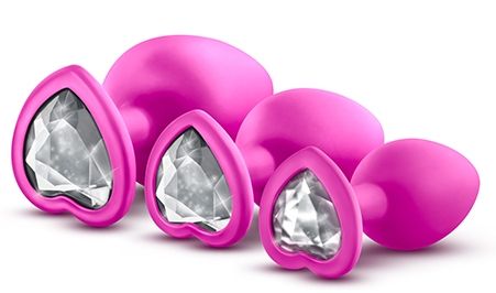 Набор розовых анальных пробок с прозрачным кристаллом-сердечком Bling Plugs Training Kit - Blush Novelties - купить с доставкой в Абакане