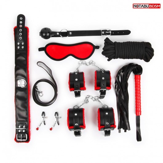 Стильный черно-красный набор БДСМ: маска, кляп, зажимы, плётка, ошейник, наручники, оковы, верёвка - Notabu - купить с доставкой в Абакане