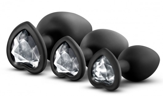 Набор из 3 черных пробок с прозрачным кристаллом-сердечком Bling Plugs Training Kit - Blush Novelties - купить с доставкой в Абакане