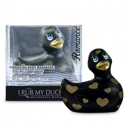 Черный вибратор-уточка I Rub My Duckie 2.0 Romance с золотистым принтом - Big Teaze Toys - купить с доставкой в Абакане
