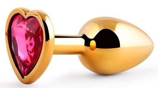 Золотистая анальная пробка с малиновым кристаллом-сердечком - 7 см. - Anal Jewelry Plug - купить с доставкой в Абакане