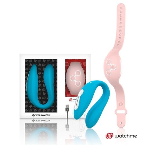 Голубой вибратор для пар с нежно-розовым пультом-часами Weatwatch Dual Pleasure Vibe - DreamLove