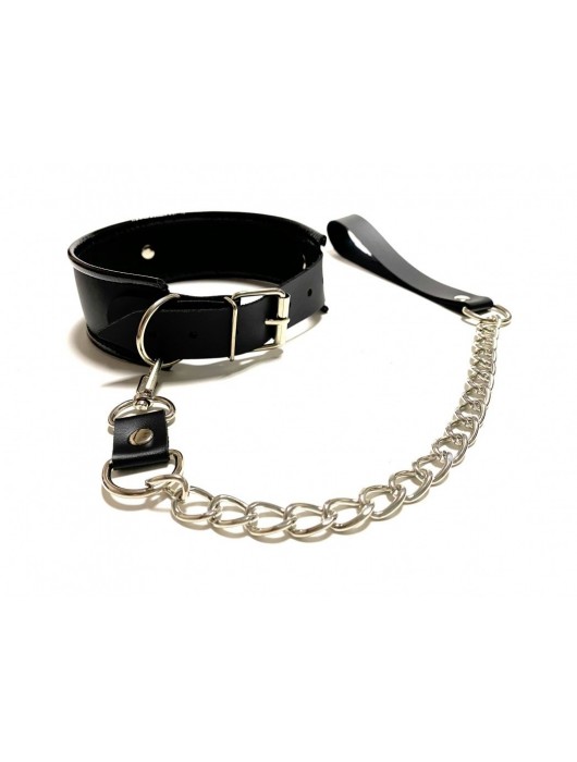 Черный ошейник с поводком из эко-кожи - БДСМ Арсенал - купить с доставкой в Абакане
