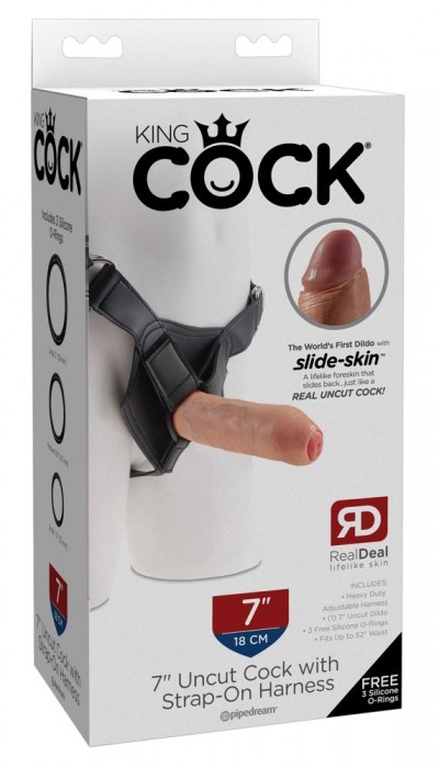 Страпон с телесной насадкой 7  Uncut with Strap on Harness - 18 см. - Pipedream - купить с доставкой в Абакане