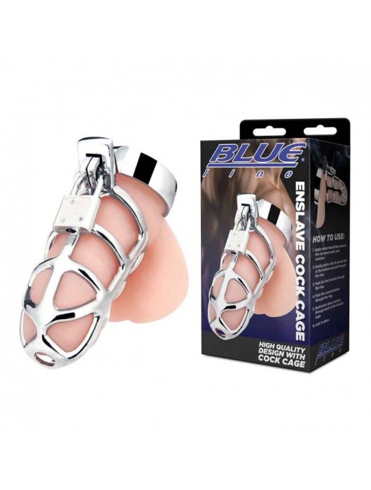 Серебристая металлическая клетка для члена с замком Enslave Cock Cage - BlueLine - купить с доставкой в Абакане