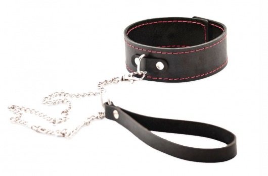 Черный широкий ошейник с красной строчкой и поводком - Crazy Handmade - купить с доставкой в Абакане