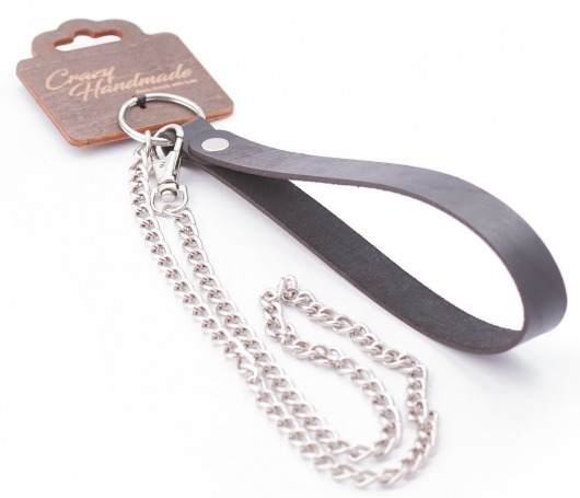 Серебристый металлический поводок с кожаной черной ручкой - 80 см. - Crazy Handmade - купить с доставкой в Абакане