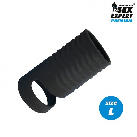 Черная открытая насадка на пенис с кольцом для мошонки L-size - 8,5 см. - Sex Expert - в Абакане купить с доставкой