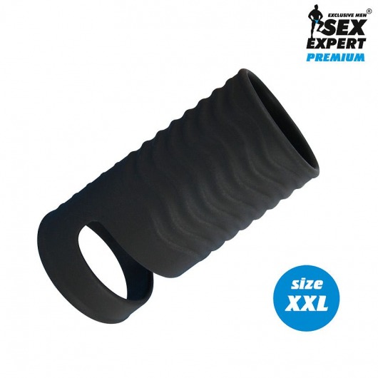 Черная открытая насадка на пенис с кольцом для мошонки XXL-size - 9,4 см. - Sex Expert - в Абакане купить с доставкой