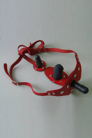 Красные кожаные трусики со штырьком и двумя съёмными стимуляторами - Sitabella - купить с доставкой в Абакане