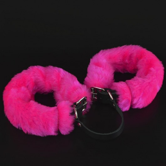 Черные кожаные оковы со съемной ярко-розовой опушкой - Sitabella - купить с доставкой в Абакане