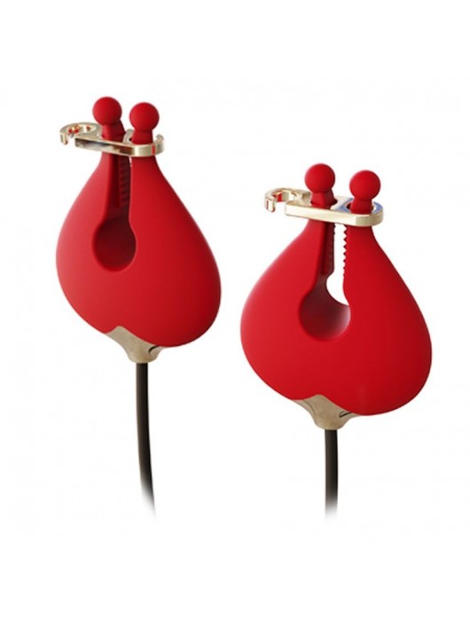 Красный вибромассажёр с зажимами для сосков - 16 см. - A-LOVING